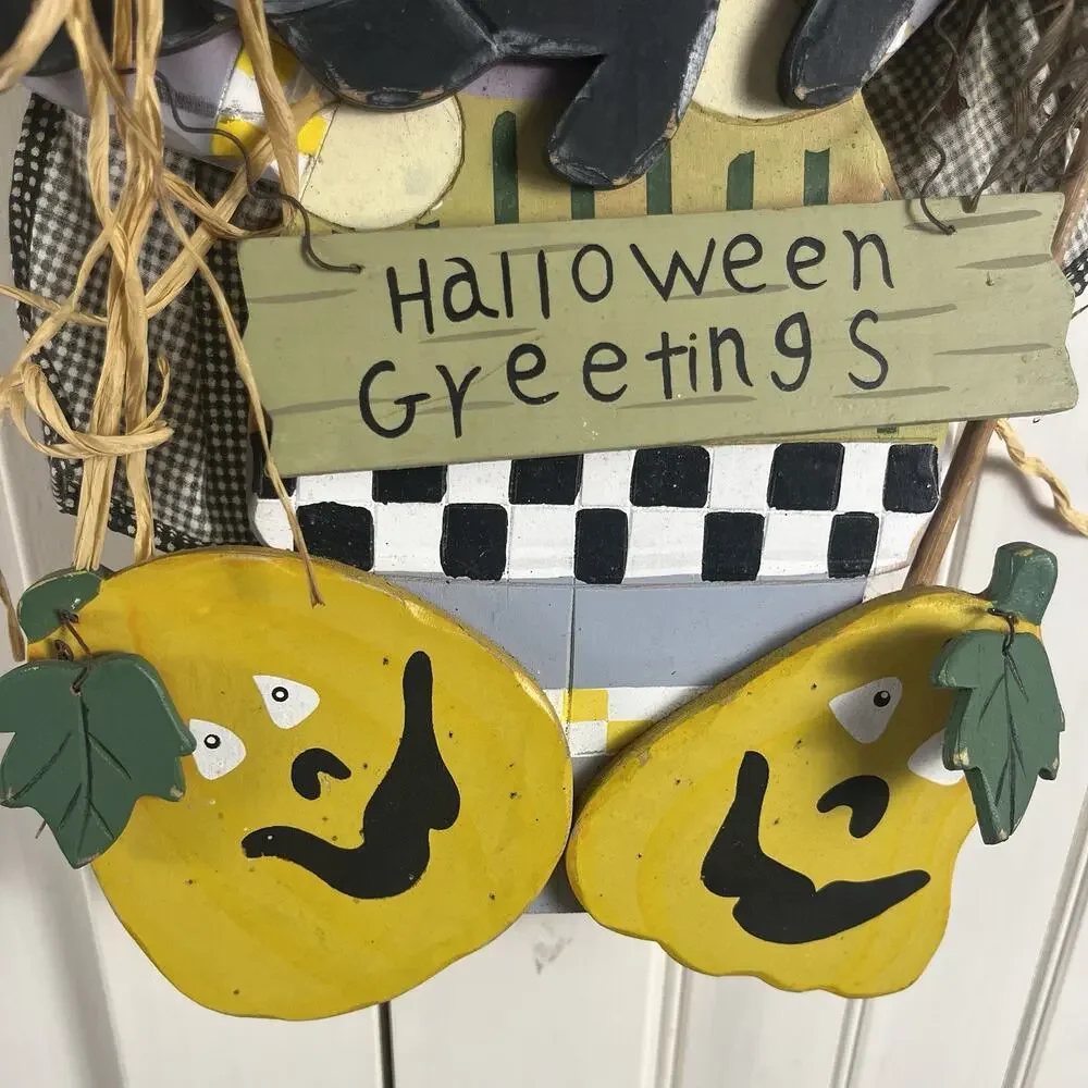 Vintage Halloween Witch Black Cat Pumpkin Wall Hanging Primitive Folk Art Kitsch